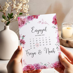 Custom Engagement Card with Names and Date Romantic Calendar Design Keepsake for Engaged Couple Floral Love Theme