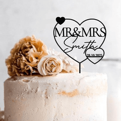 Custom Wedding Cake Topper Mr & Mrs Heart, Bridal Shower Engagement, Rustic Wooden Gold Silver Rose Gold Black