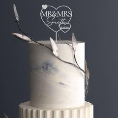 Custom Wedding Cake Topper Mr & Mrs Heart, Bridal Shower Engagement, Rustic Wooden Gold Silver Rose Gold Black