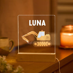 Digger Night Light Custom Name LED Lamp Construction Theme Nursery Decor Kids Bedroom Gift Nephew Niece