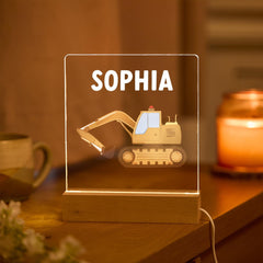 Digger Night Light Custom Name LED Lamp Construction Theme Nursery Decor Kids Bedroom Gift Nephew Niece