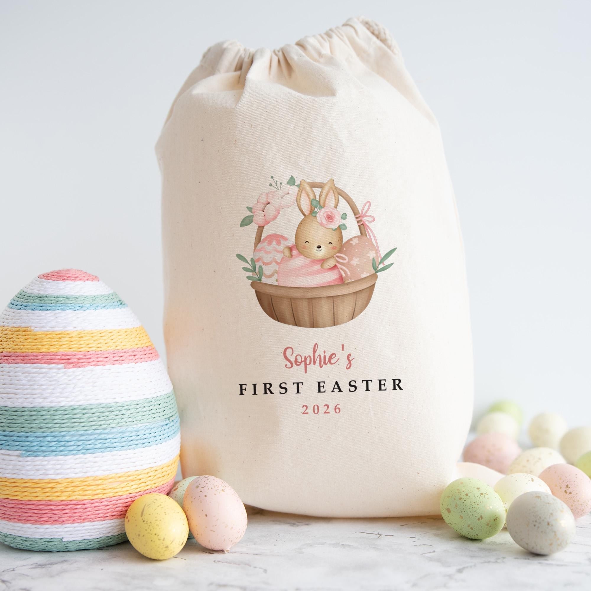 Easter Bunny Drawstring Bag with Name – Gift Sack for Son Daughter Grandchild Niece or Nephew