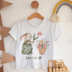 Easter Bunny T-Shirt Custom Rabbit & Flowers Kids Gift for Toddler Girl Boy First Easter Watercolour Design