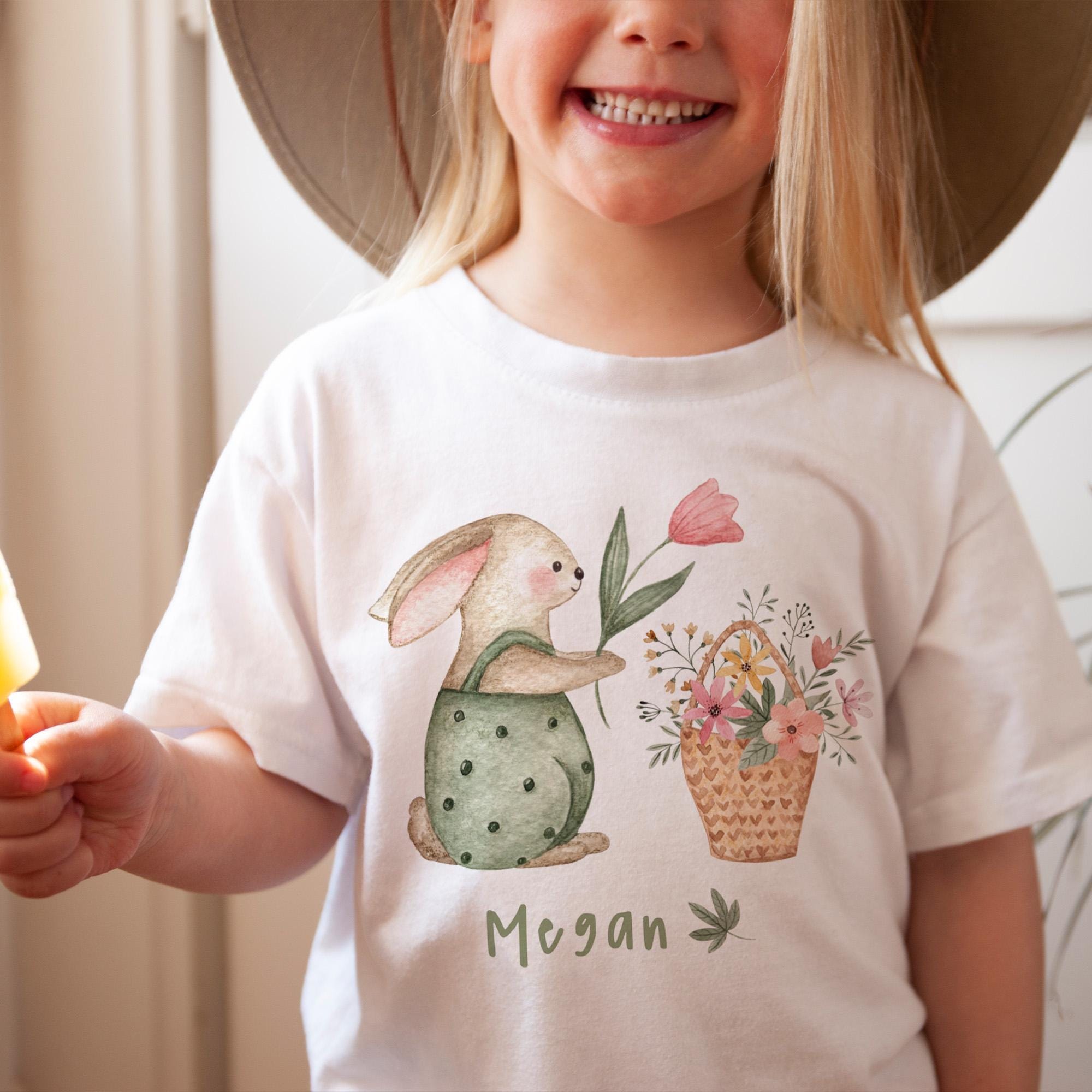 Easter Bunny T-Shirt Custom Rabbit & Flowers Kids Gift for Toddler Girl Boy First Easter Watercolour Design