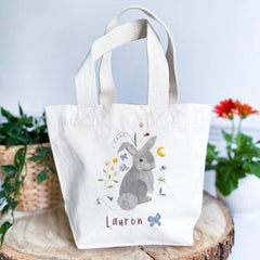 Easter Bunny Tote Bag Name Gift for Kids Boy Girl Toddler Rabbit First Easter Basket Egg Hunt Nephew Niece Son Daughter