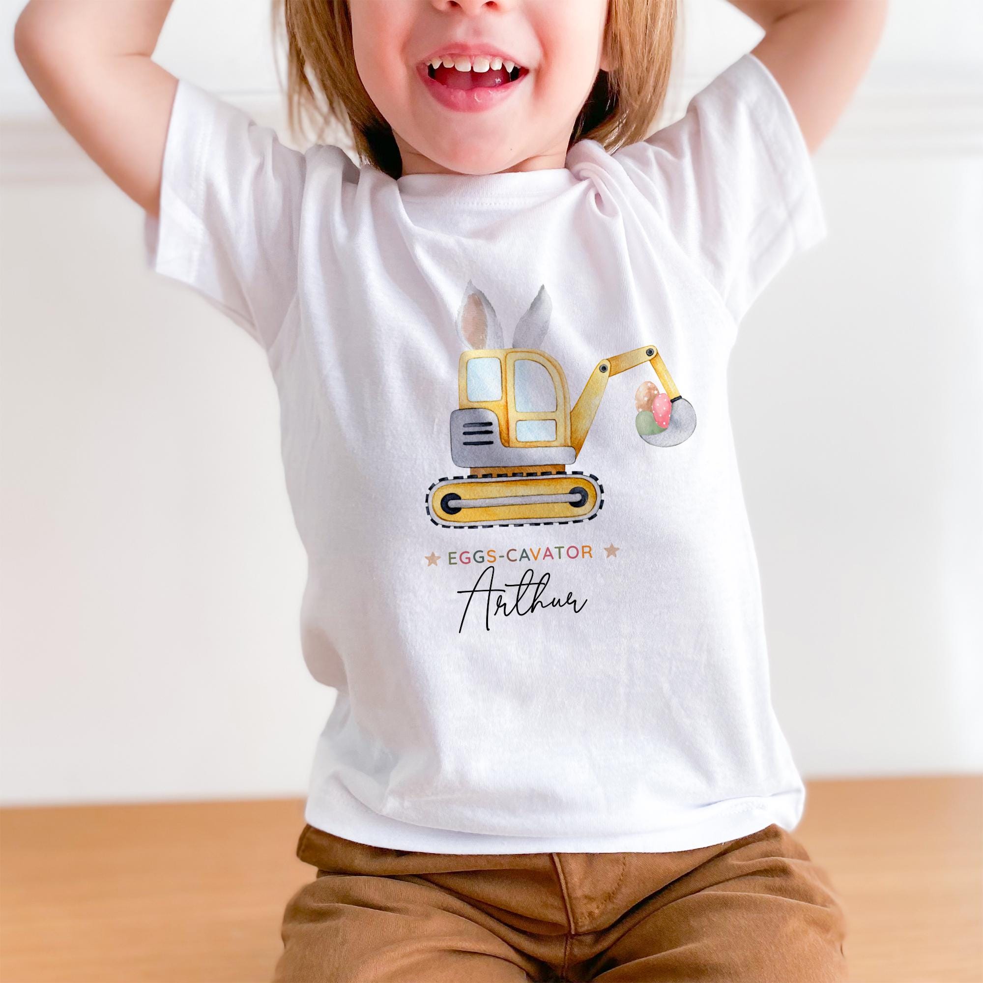 Easter Excavator T-shirt for Baby or Toddler – Personalised Eggscavator Funny Gift for Kids