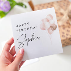 Elegant Birthday Card with Name Blush Pink Balloons Minimalist Modern Design Ideal for Wife Mum Daughter Sister Girlfriend or Best Friend