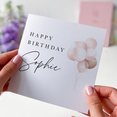 Elegant Birthday Card with Name Blush Pink Balloons Minimalist Modern Design Ideal for Wife Mum Daughter Sister Girlfriend or Best Friend