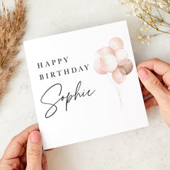Elegant Birthday Card with Name Blush Pink Balloons Minimalist Modern Design Ideal for Wife Mum Daughter Sister Girlfriend or Best Friend