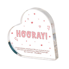 Exam Result Gift Hooray Celebration Acrylic Heart Plaque Gift Congratulations Keepsake for Graduation or Achievement A Level GCSE