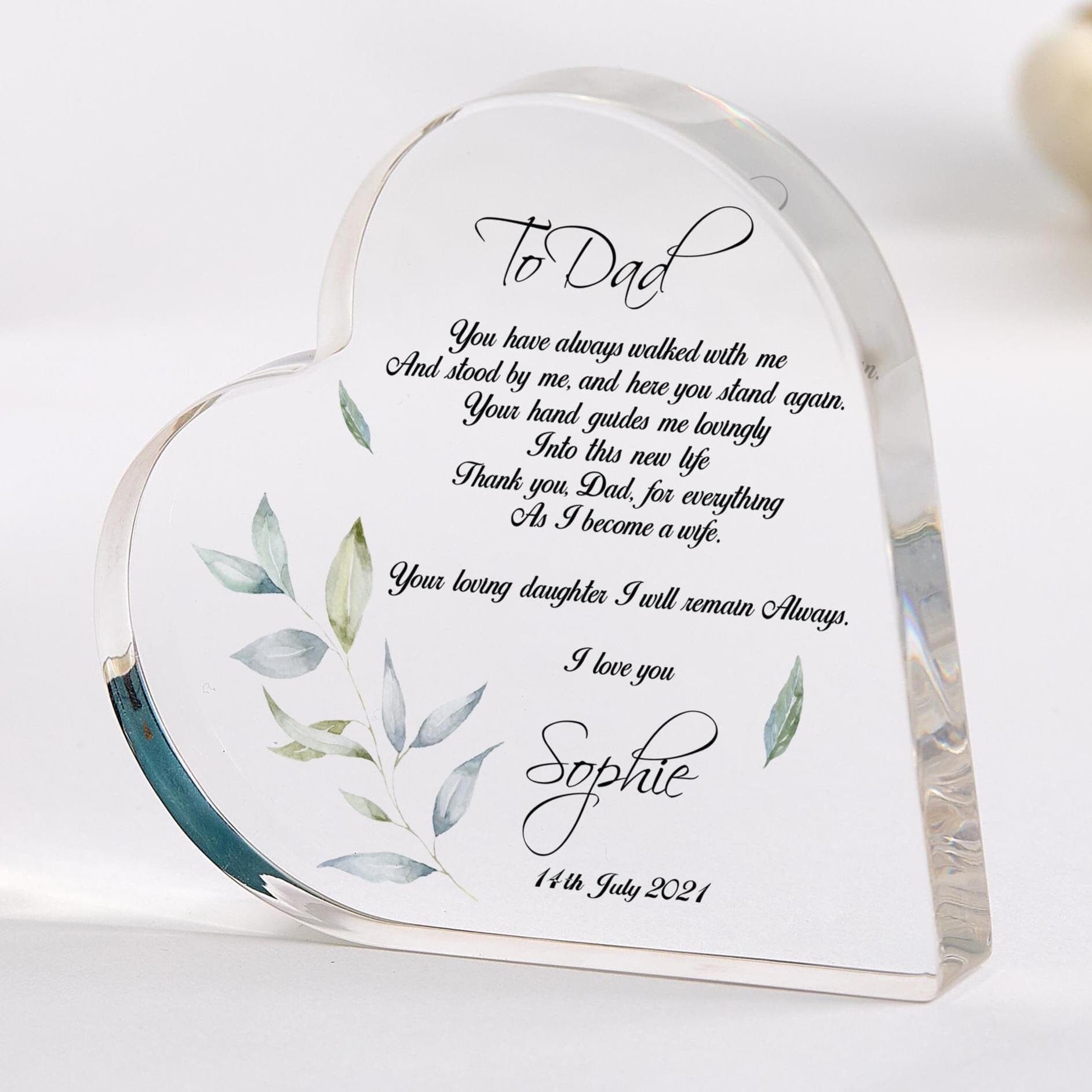 Father of The Bride Gift Wedding Day Gift for Dad Heart Keepsake from Bride Sentimental Present Thank You Daddy Wedding Poem Acrylic Plaque