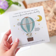 Father's Day Card for Daddy with Name I Love You to the Moon and Stars Cute Hot Air Balloon Design Personalised Card from Child Boy or Girl