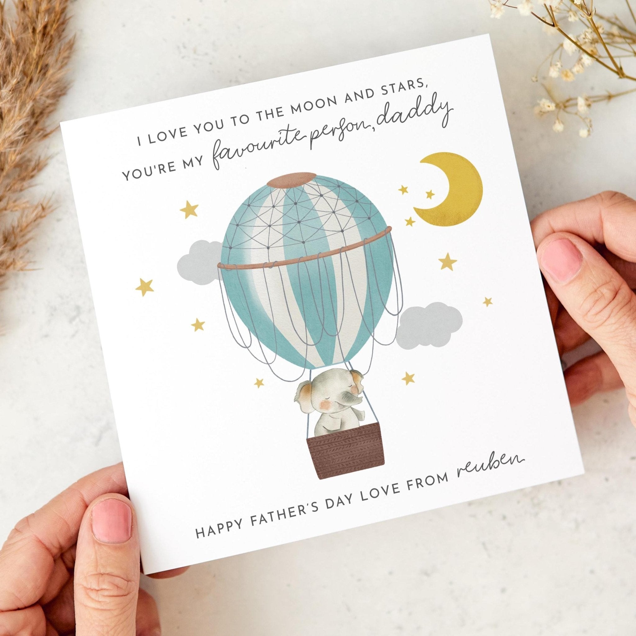 Father's Day Card for Daddy with Name I Love You to the Moon and Stars Cute Hot Air Balloon Design Personalised Card from Child Boy or Girl