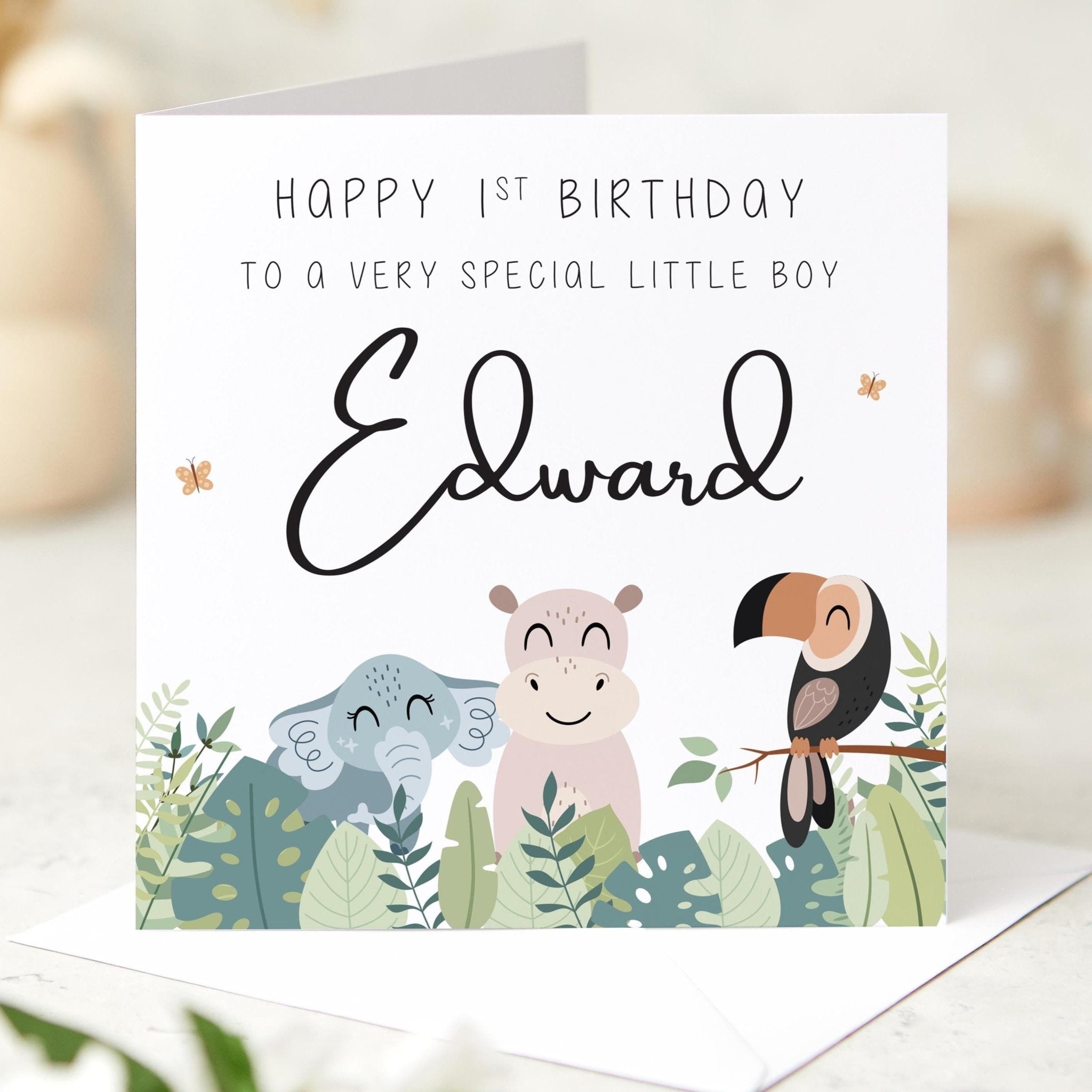 First Birthday Card for a Boy Jungle Animal Design Baby Boy 1st Birthday Card Keepsake Special Gift for Son Grandson or Nephew