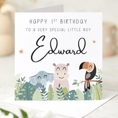 First Birthday Card for a Boy Jungle Animal Design Baby Boy 1st Birthday Card Keepsake Special Gift for Son Grandson or Nephew