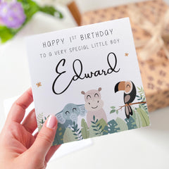First Birthday Card for a Boy Jungle Animal Design Baby Boy 1st Birthday Card Keepsake Special Gift for Son Grandson or Nephew