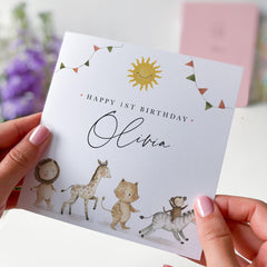 First Birthday Card for Girl or Boy Woodland Animal Jungle Cute Personalised Keepsake for Daughter Son Granddaughter Niece Nephew Grandson