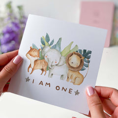 First Birthday Card Girls Boys Safari 1St Birthday Son Grandson Nephew Godson Nephew Niece Jungle Card Cute Baby Animals I Am One Woodland
