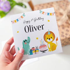 First Birthday card with name Personalised Cute Animal 1st Birthday Card for Boy Girl Nephew Niece Grandson Granddaughter Daughter Son