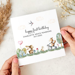 First Birthday Card with Woodland Animal Design 1st Birthday Card Name Date Cute Forest Baby Girl Boy Nephew Niece Grandson Granddaughter