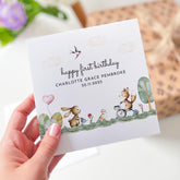 First Birthday Card with Woodland Animal Design 1st Birthday Card Name Date Cute Forest Baby Girl Boy Nephew Niece Grandson Granddaughter