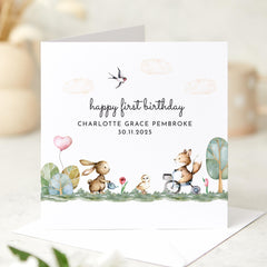 First Birthday Card with Woodland Animal Design 1st Birthday Card Name Date Cute Forest Baby Girl Boy Nephew Niece Grandson Granddaughter