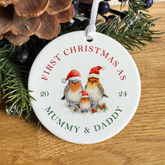 First Christmas as Mummy & Daddy ornament with year text and cute birds for family her him married 1st Xmas gift cute ceramic ornament