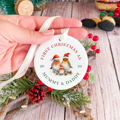 First Christmas as Mummy & Daddy ornament with year text and cute birds for family her him married 1st Xmas gift cute ceramic ornament