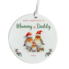 First Christmas as Mummy & Daddy with baby ornament with year text and cute birds for family her him married 1st Xmas gift ceramic ornament