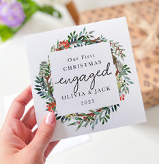 First Christmas Engaged Card for Fiancé or Fiancée Elegant Botanical Wreath Design Romantic 1st Xmas Keepsake