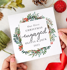 First Christmas Engaged Card for Fiancé or Fiancée Elegant Botanical Wreath Design Romantic 1st Xmas Keepsake