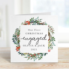 First Christmas Engaged Card for Fiancé or Fiancée Elegant Botanical Wreath Design Romantic 1st Xmas Keepsake