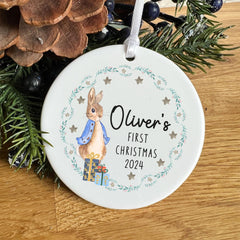 First Christmas Keepsake Ceramic Ornament with Cute Rabbit Design Options for Baby Boy or Girl Granddaughter Grandson Niece Nephew