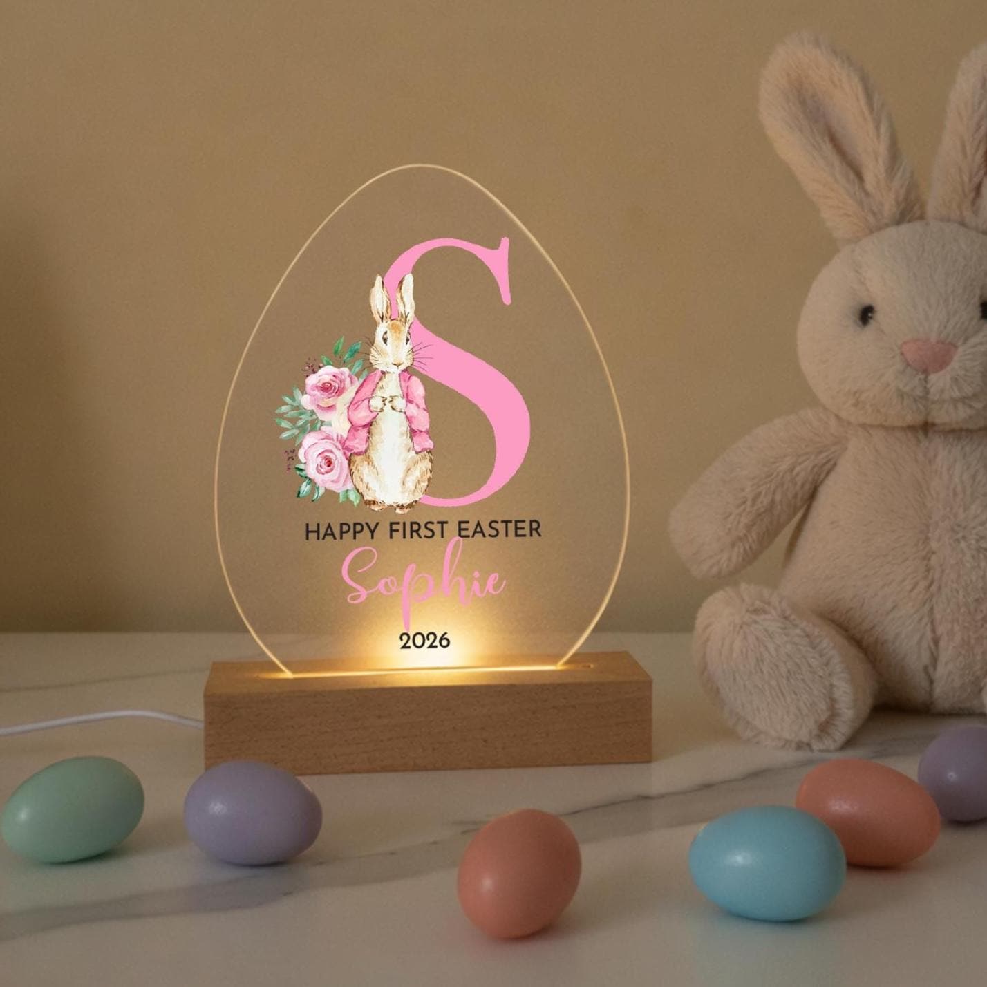 First Easter Bunny Initial LED Acrylic Lamp – Personalised Night Light Gift for Niece