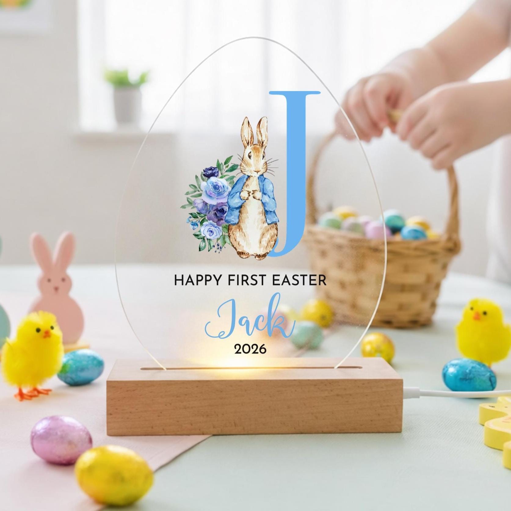 First Easter Bunny Initial LED Acrylic Plaque – Personalised Night Light Gift for Baby Boy or Girl from Mum Dad