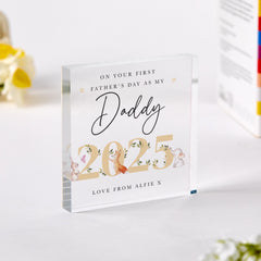 First Father's Day 2025 Acrylic Gift for Dad Personalised Woodland Animal Keepsake from Baby Bump Boy Girl Custom Name Plaque for Daddy