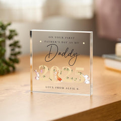First Father's Day 2025 Acrylic Gift for Dad Personalised Woodland Animal Keepsake from Baby Bump Boy Girl Custom Name Plaque for Daddy