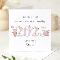 First Father's Day Card 2025 from Baby Girl Personalised with Name and Title Cute Bear Design for Daddy Grandpa Grandad option Keepsake Gift