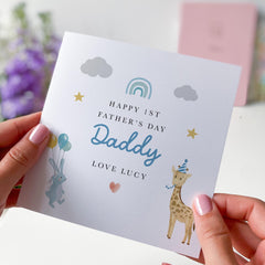 First Father's Day Card for Daddy Personalised with Name Cute Safari Design for new Dad Papa Dada Baby's First Keepsake