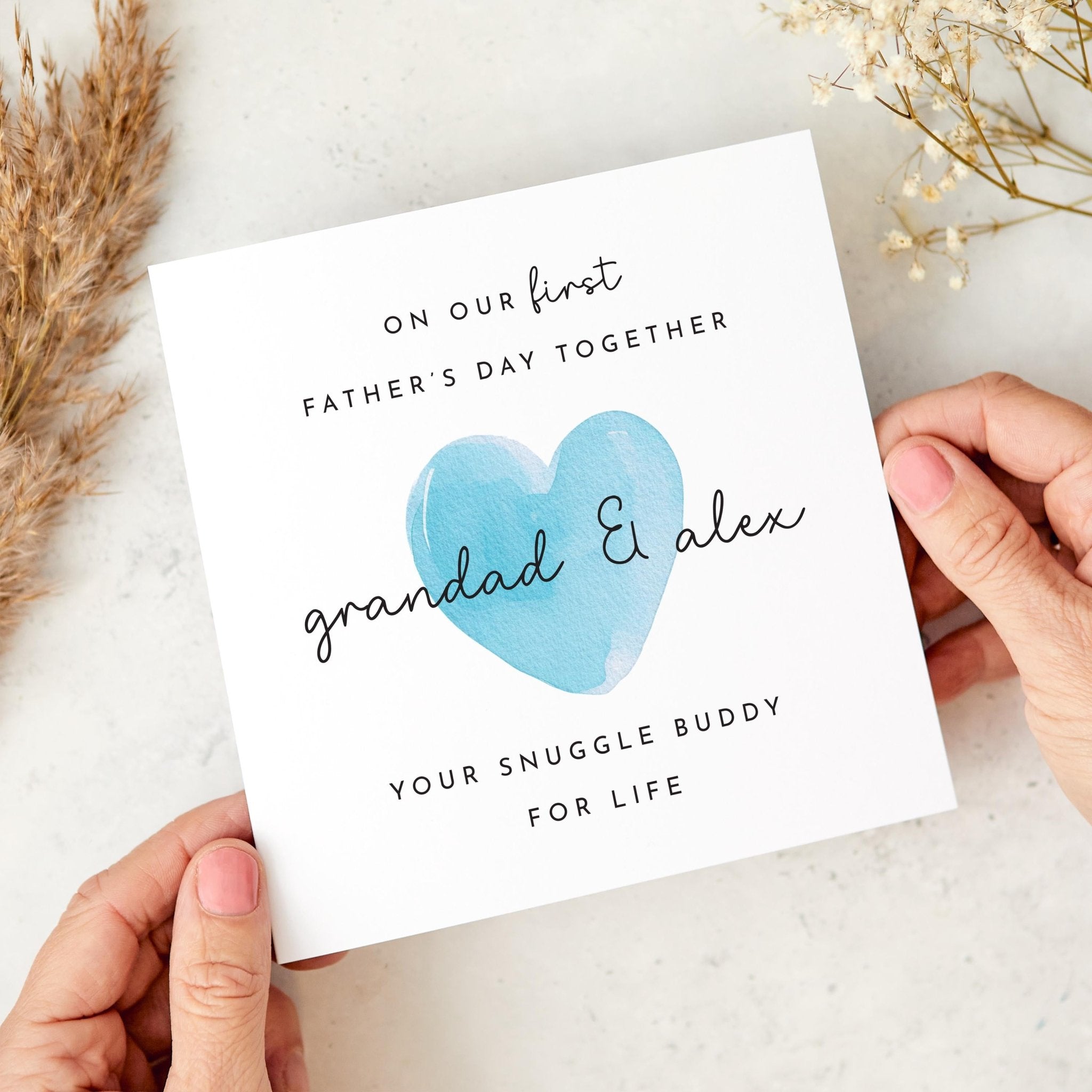 First Father's Day Card for Grandad from Baby Boy Personalised with Names Grandad and Me with Blue Heart Cute New Dad Keepsake Gift Grandpa