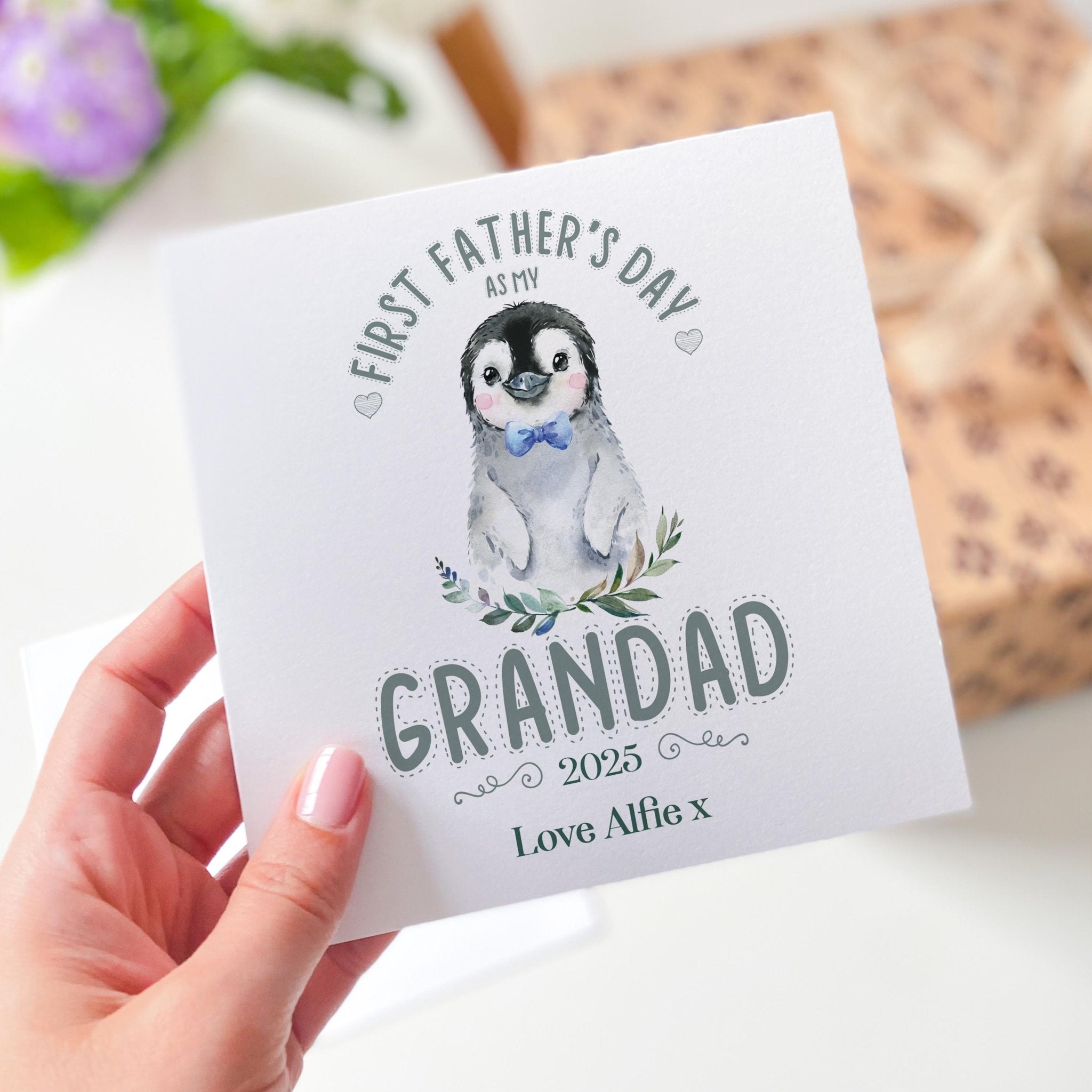 First Father’s Day Card for Grandad from Granddaughter Grandson Cute Penguin Design Personalised Keepsake Gift 2025 Baby Girl Baby Boy