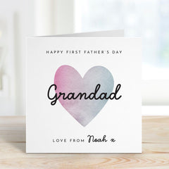 First Father’s Day Card for Grandad Personalised with Name Watercolour Heart Design 1st Fathers Day Keepsake from Grandchild Granda Grandpa