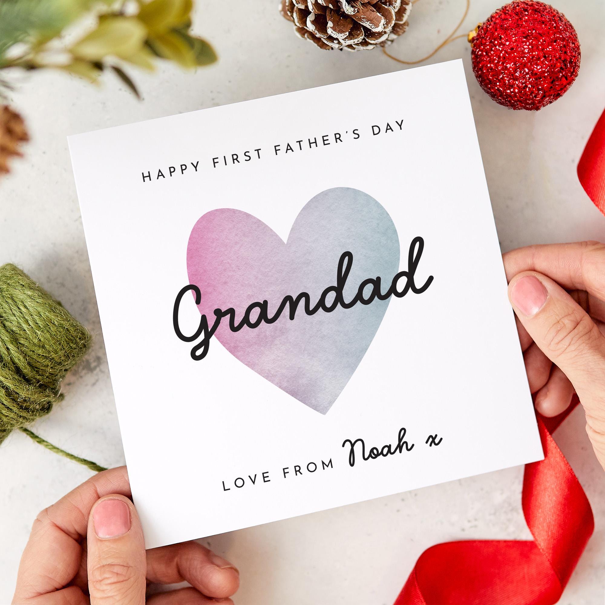 First Father’s Day Card for Grandad Personalised with Name Watercolour Heart Design 1st Fathers Day Keepsake from Grandchild Granda Grandpa