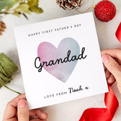 First Father’s Day Card for Grandad Personalised with Name Watercolour Heart Design 1st Fathers Day Keepsake from Grandchild Granda Grandpa