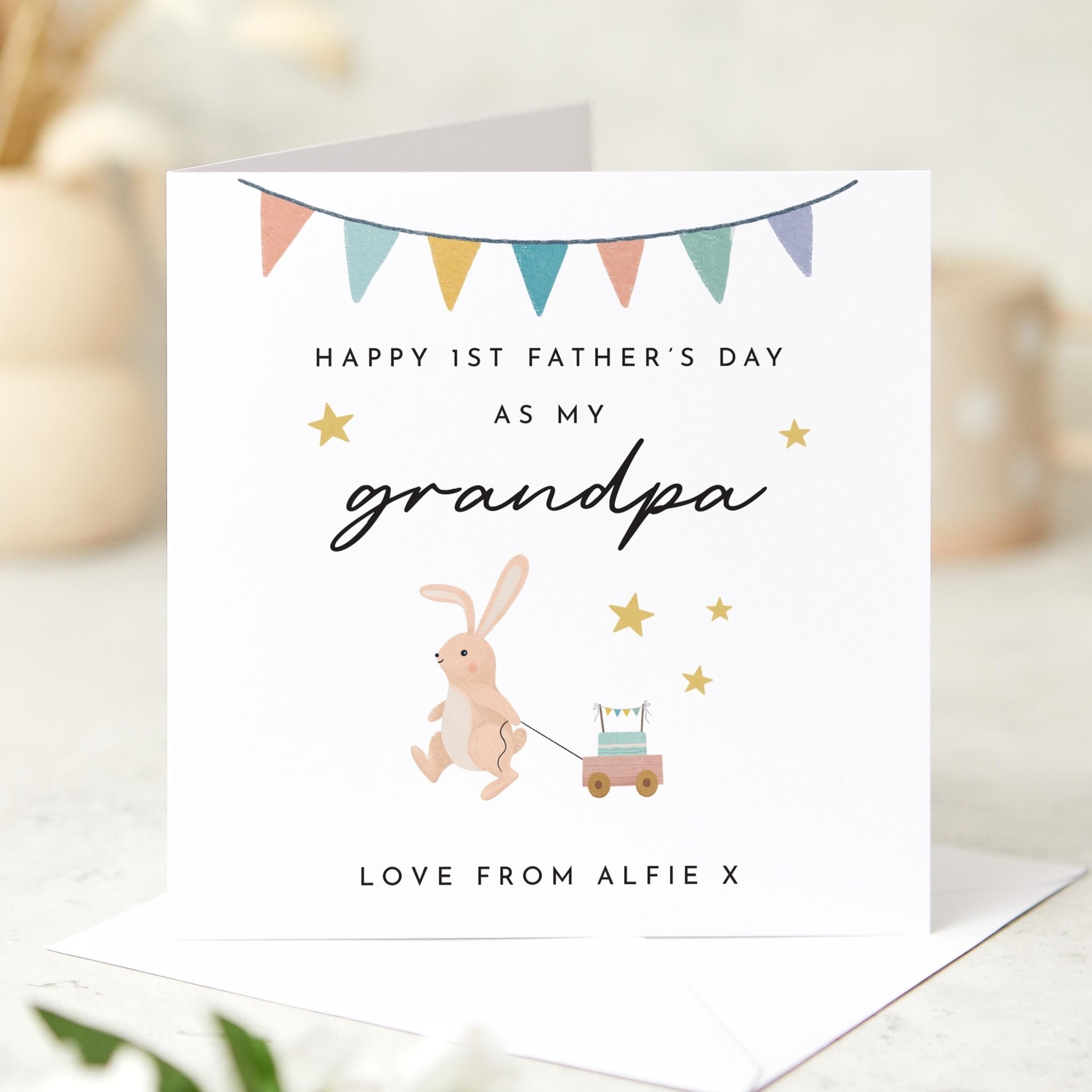 First Father's Day Card Personalised with Name and Title Cute Bunny Design for Daddy Grandad Grandpa or Grandfather Baby Keepsake