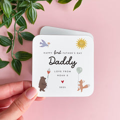 First Father's Day Coaster for Daddy or Grandad“ Cute Animal Design Gift from Baby Sweet Personalised Keepsake for Him to Treasure Forever