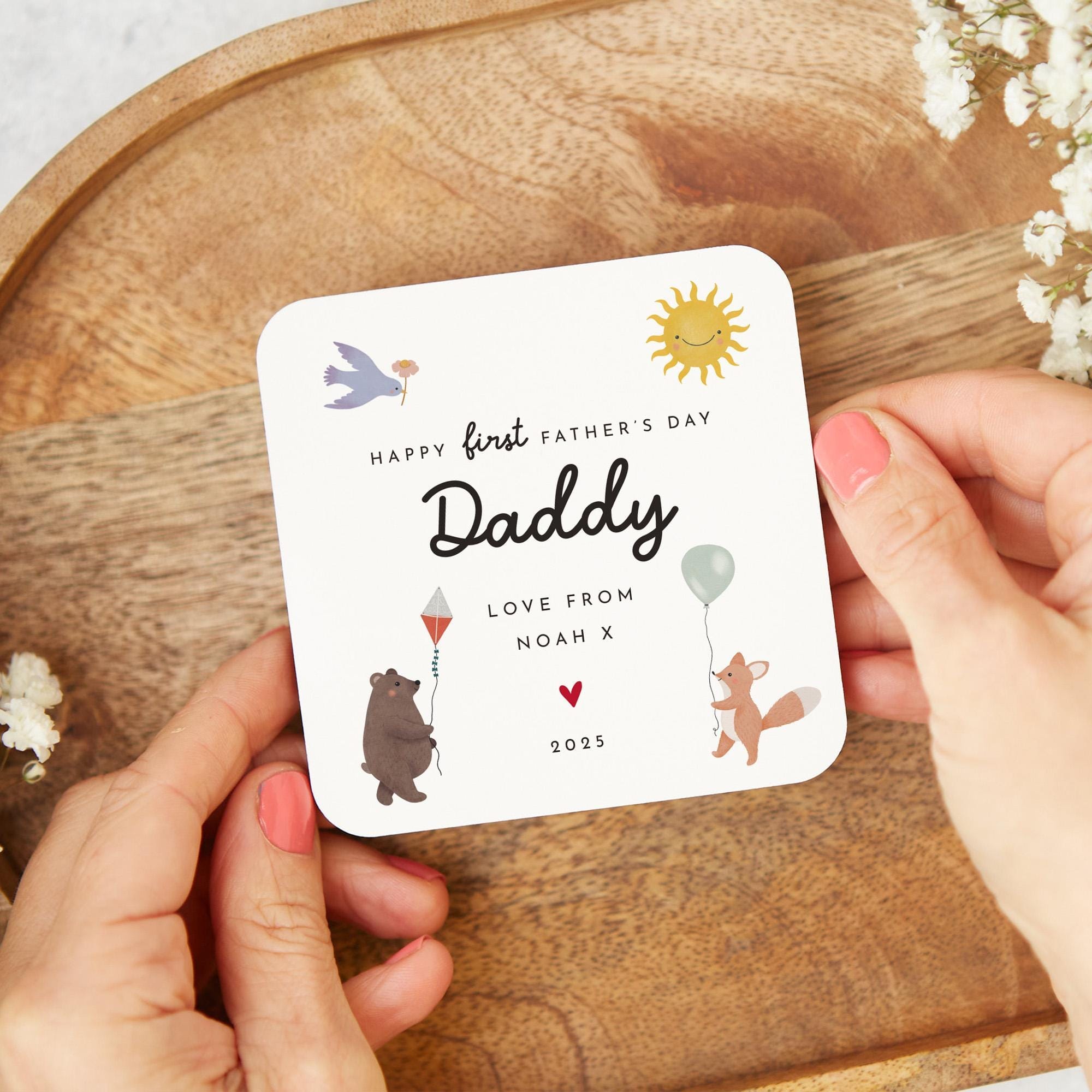 First Father's Day Coaster for Daddy or Grandad“ Cute Animal Design Gift from Baby Sweet Personalised Keepsake for Him to Treasure Forever