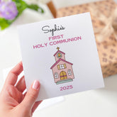 First Holy Communion Card with name PINK or BLUE Name Church Personalised Celebration for Boy or Girl Special Keepsake First Communion Gift