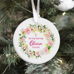 Floral Baptism Ceramic Ornament for Girl Name Date & Church Granddaughter Daughter Niece Goddaughter Gift