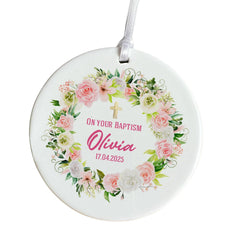 Floral Baptism Ceramic Ornament for Girl Name Date & Church Granddaughter Daughter Niece Goddaughter Gift